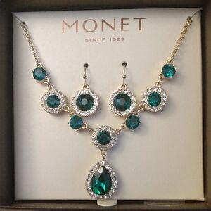 Monet Gold Tone Necklace with Emerald Green Accents